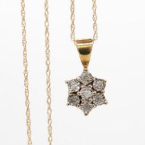 9ct gold vintage diamond floral cluster pendant necklace (1.2g)