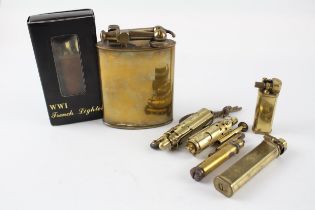 7 x Vintage Cigarette LIGHTERS Inc WW1 Trench Style Brass Grand French Desk Etc //