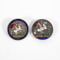 2x enamelled silver coins - pins removed from back - enamel is in good condition //