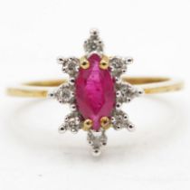 10ct gold ruby & diamond cluster ring (2.2g) Size M