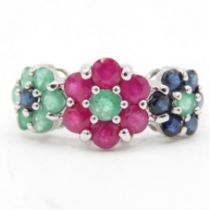 9ct white gold ruby, sapphire & emerald triple floral cluster ring (2.7g) Size O