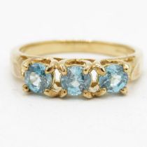 9ct gold blue zircon three stone ring (2.7g) Size N