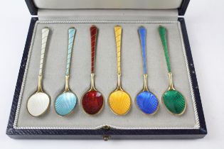6 x Vintage .925 Norway Sterling Silver Guilloche Enamel Spoons Cased (53g) //