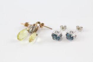 2 x 9ct yellow & white gold gemstone earrings set with diamond, topaz, heliodor & clear gemstone (