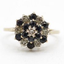 9ct gold diamond sapphire floral cluster ring (2.6g) Size P