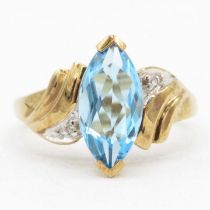 9ct gold blue topaz single stone ring with diamond set shank (2.7g) Size N 1/2