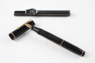 Vintage MABIE TODD Swan Visofil Black FOUNTAIN PEN w/ 14ct Gold Nib WRITING//w/ Swan Metal Pocket