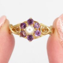 9ct gold amethyst & cultured pearl 1970's ring (2.4g) Size O 1/2