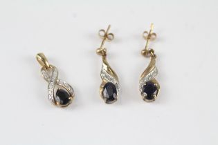 2x 9ct gold sapphire & diamond drop earrings & pendant set (2.6g)