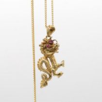 9ct gold ruby chinese dragon pendant & chain (3.3g)