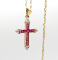 9ct gold ruby & diamond cross pendant & chain (2.3g)