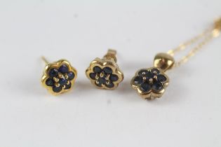 2x 9ct gold sapphire cluster necklace & stud earring set (3g)