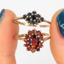 2 x 9ct Gold Sapphire & Garnet Rings (3.0g) Size P + Q