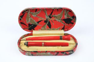 Vintage CONWAY STEWART Dinkie 526 Red Fountain Pen w/ Pencil, Original Box Etc // w/ 14ct Gold