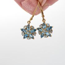 9ct gold vintage blue topaz drop cluster earrings (2.4g)