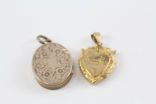 2 x 9ct gold back & front antique lockets inc. heart, sparrow & foliate motif (7g)