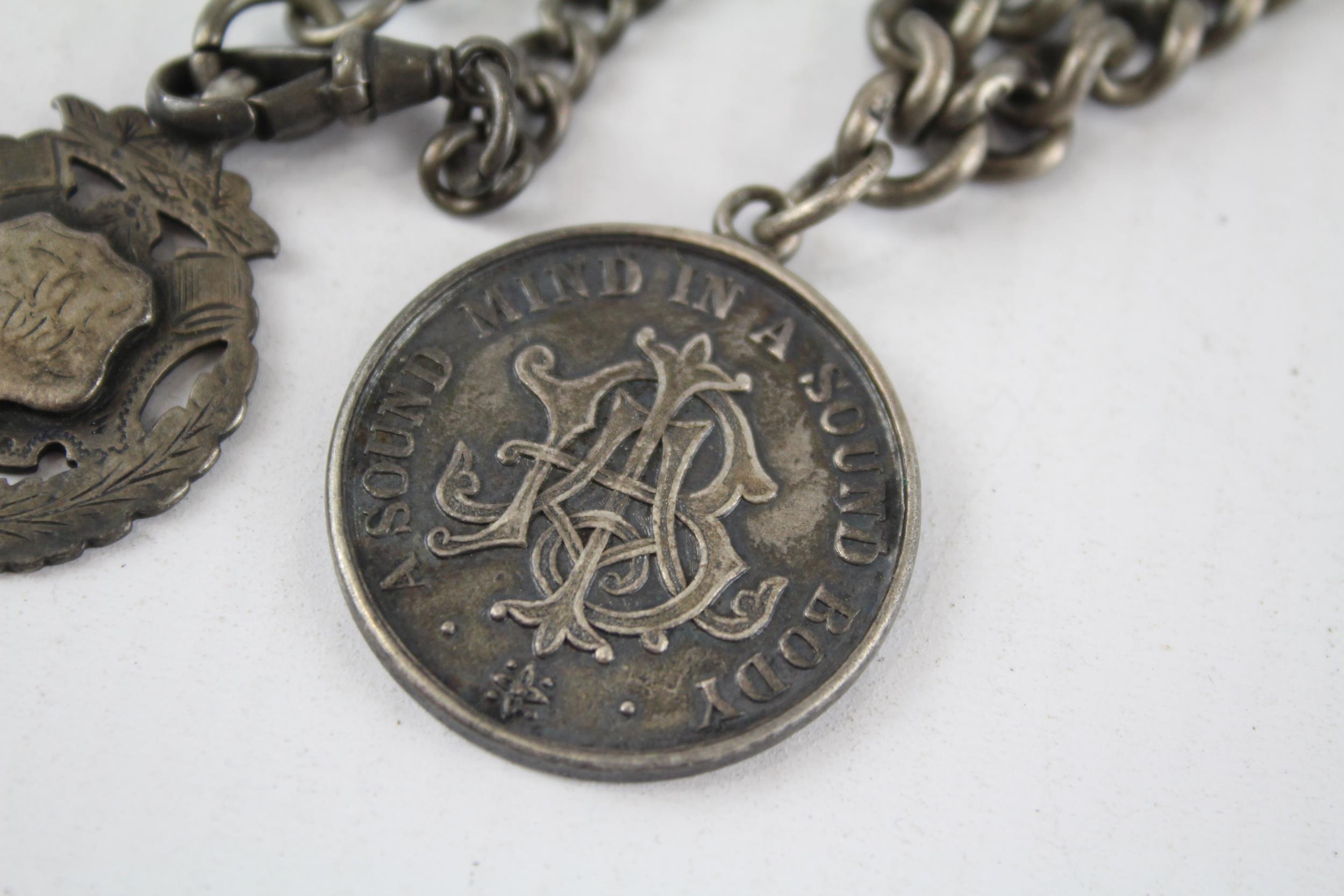 Silver antique watch chain with fobs (54g) - Image 3 of 5