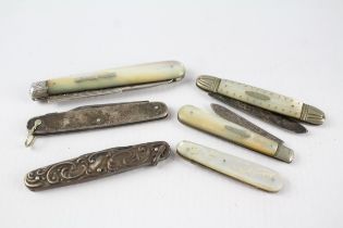 6 x Antique / Vintage .925 Sterling Silver Fruit / Pocket Knives Inc Mop (135g) // In antique /
