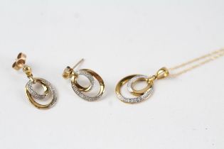 9ct gold diamond pendant necklace & drop earrings set (2.6g)
