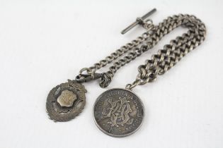 Silver antique watch chain with fobs (54g)