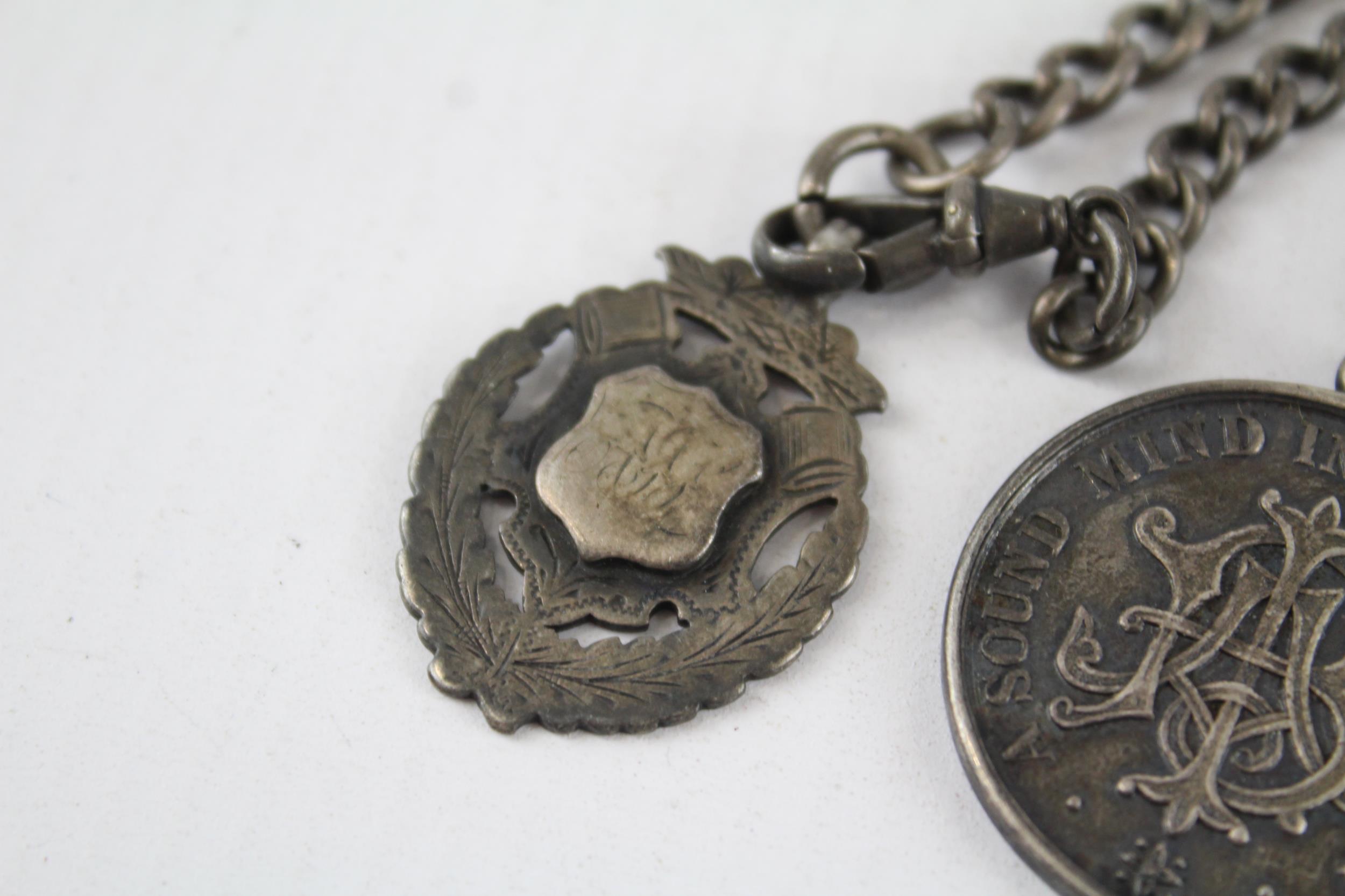 Silver antique watch chain with fobs (54g) - Image 2 of 5