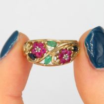 9ct gold multi-gemstone floral dress ring set with diamond, ruby, sapphire & emerald (3.8g) Size K+