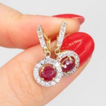 9ct gold ruby and white gemstone set cluster drop earrings (2.7g)