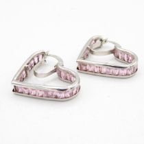 9ct gold pink CZ heart shaped hoop earrings (5.8g)