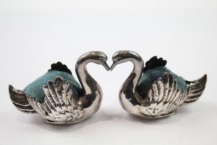 2 x Vintage Silver Plate Novelty Swan Form Haberdashery Pin Cushions (148g) // Height - 7.5cm In