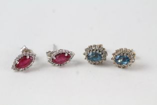 2 x 9ct gold diamond, glass-filled ruby & topaz stud earrings (3.4g)