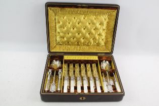 Antique Victorian Cutlery Set Mother of Pearl 1886-87 Quilted silk Brown Velvet // Berry Spoons,
