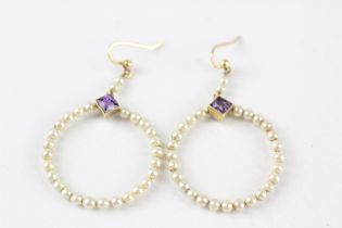 9ct gold faux pearl & amethyst drop earrings (3.5g)