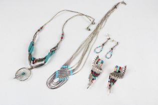 A collection of silver gemstone Native American jewellery including Quoc (38g)