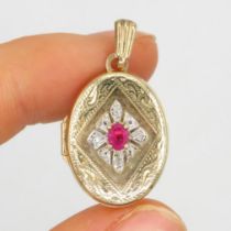 9ct gold diamond & ruby oval locket pendant (2.4g)