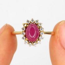 18ct gold diamond & ruby oval halo ring (3g) AS SEEN - One missing stone Size P
