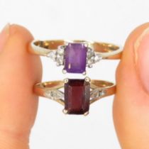 2 x 9ct gold diamond, amethyst & garnet rings (3.6g) AS SEEN (One ring split) Size S + M