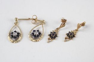 2x 9ct gold sapphire & diamond drop earrings (2.2g)