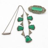 Silver Art Deco necklace and brooch set with marcasite and Chrysoprase (22g)