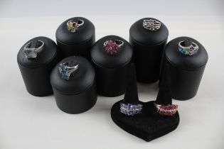 A collection of silver gemstone rings including Fluorite (34g)