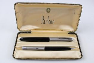 Vintage PARKER 51 Black Fountain Pen w/ CHALK MARK, Pencil, Original Box Etc // Pencil is Untested
