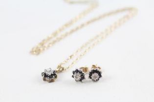 2x 9ct gold sapphire & diamond cluster earrings & necklace (2.3g)