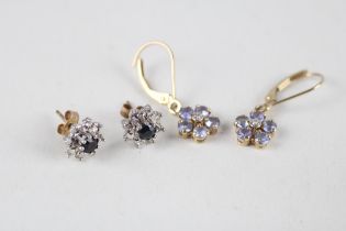 2x 9ct gold sapphire, diamond & tanzanite earrings (2.7g)