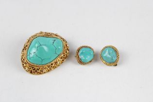 Silver filigree & Turquoise brooch and earrings set (12g)
