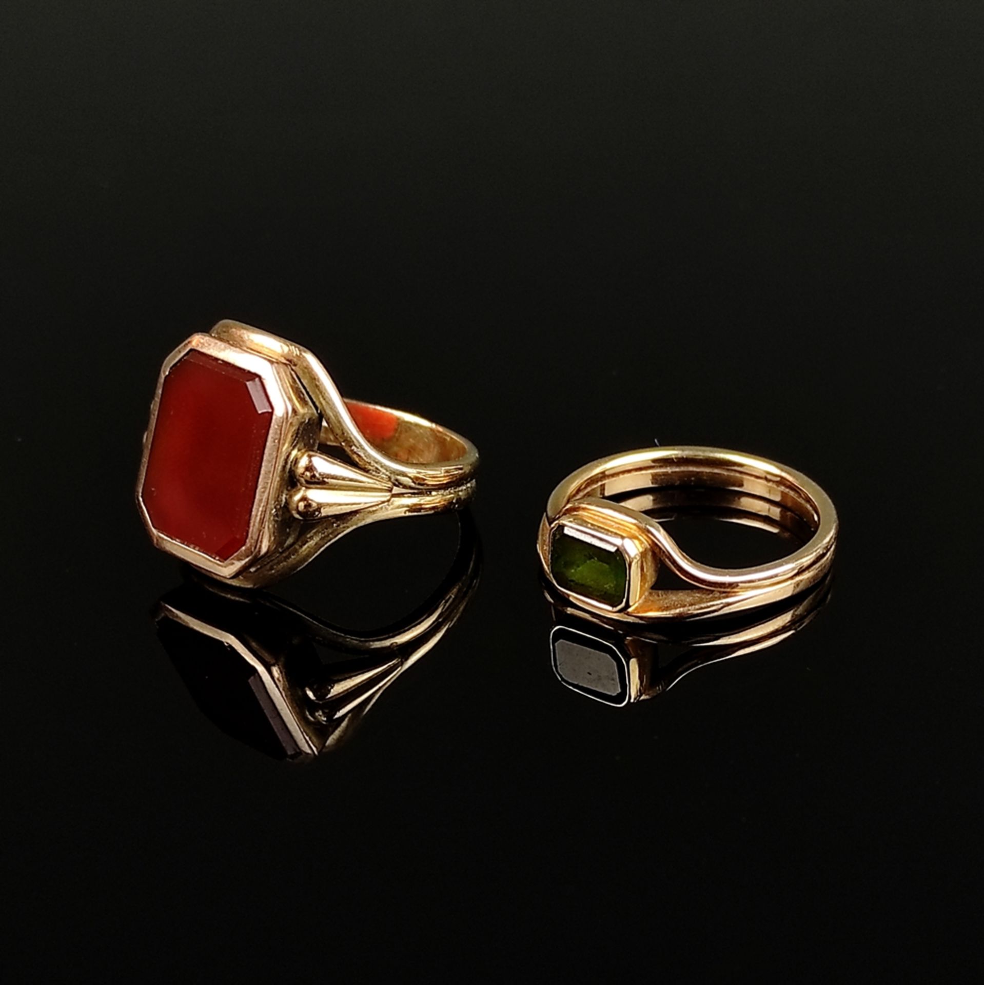Two rings, one Astron Charnier with octagonal carnelian plate, gold doublé, ring size 59, and the o