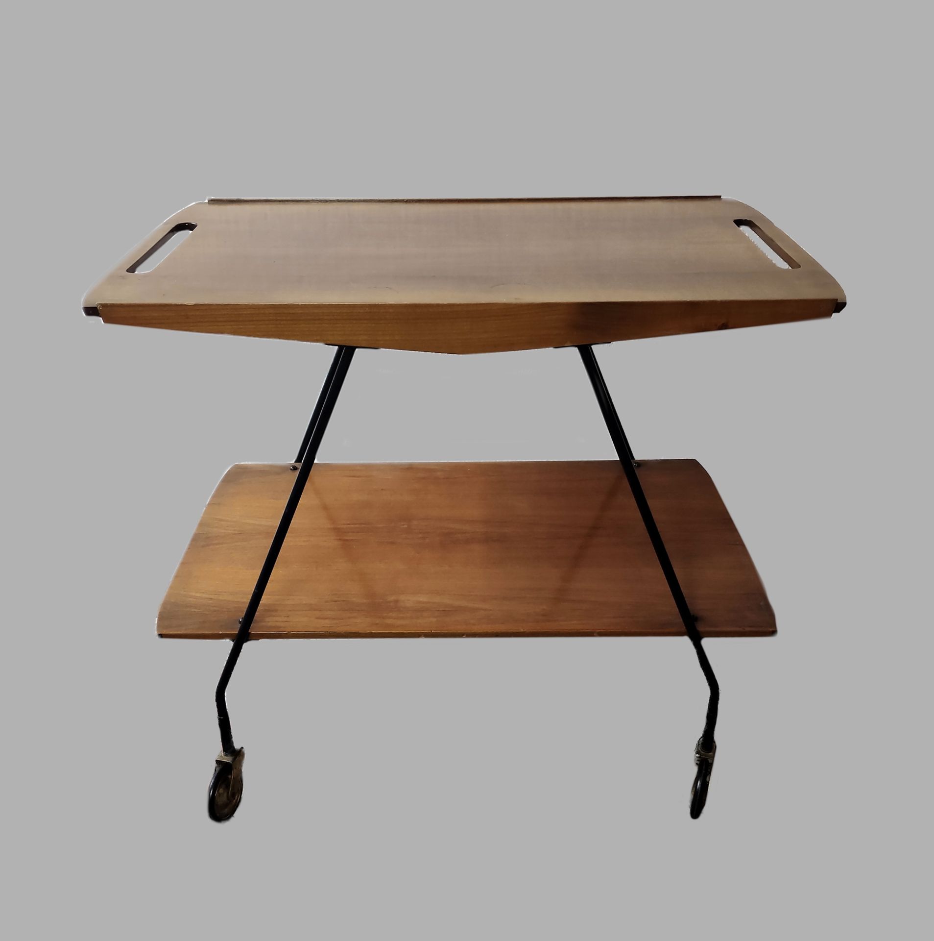 Design-Tisch, 50er/60er, Midcentury-Holztisch auf Rollen mit zwei Ebenen, Tischplatte mit offenen G