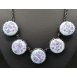 Porcelain necklace, middle part with 5 elements, these are decorated with purple flowers, length 48