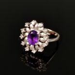 Amethyst ring with small diamonds, 585/14K white gold (hallmarked), 4,9g, central oval faceted amet