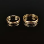 Pair of gold rings, 585/14K yellow gold (hallmarked), 7.8g, textured surface, each with engraving i