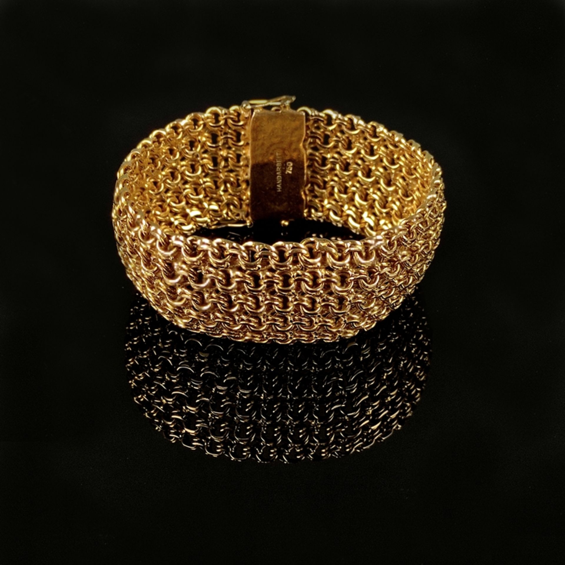 Breites Armband, 750/18K Gelbgold (punziert), 77,73g, 5-reihige Doppelpanzerkette mit Steckschließe