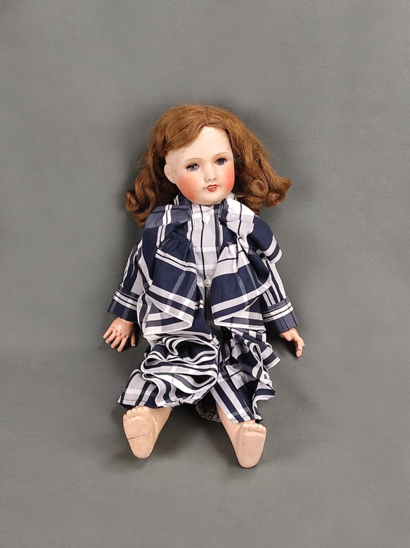 Doll girl, Unis France, porcelain crank head with sleeping eyes, brown human hair wig, length 47cm